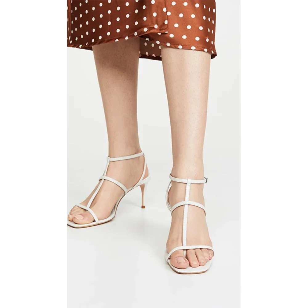 NWT Schutz Ameena Leather T-Strap Sandals Ankle Strap Kitten Heel Pearl Cream 7 - Picture 1 of 9